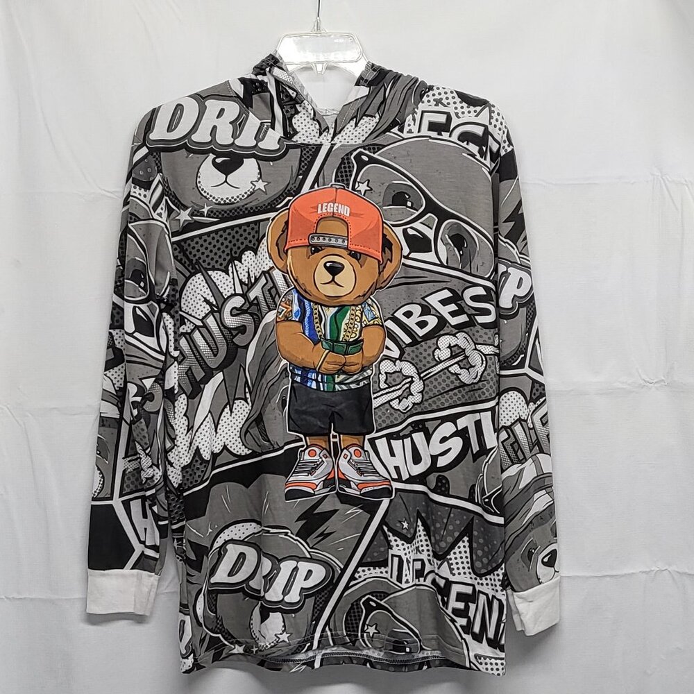 Hustle OG Hoodie Mens Large Bear Graphic Comic Legend Vibes Drip Long Sleeve